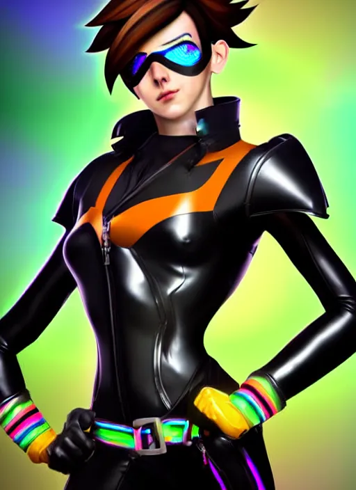 Image similar to full body digital artwork of tracer overwatch, wearing black iridescent rainbow latex, 4 k, expressive happy smug expression, makeup, in style of mark arian, wearing detailed black leather collar, wearing sleek armor, black leather harness, expressive detailed face and eyes,