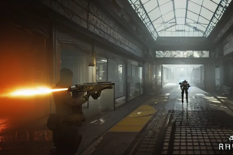 Image similar to a first person shooter game trailer on a victorian shopping mall, cinematic lightning, ray tracing, unreal engine 5, photorealistic, holding a ak - 4 7, fps game concept art, detailed, moody, foggy