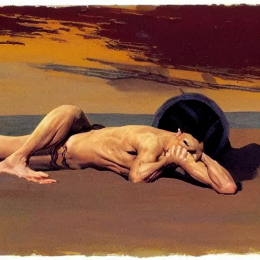 Image similar to a man laying on a Martian beach, frank frazetta