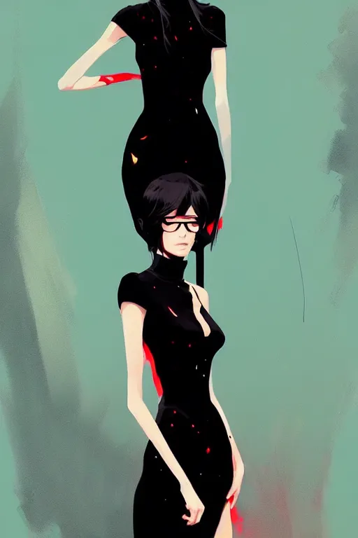 Image similar to a ultradetailed beautiful panting of a stylish woman wearing a black dress, by conrad roset, greg rutkowski and makoto shinkai, trending on artstation