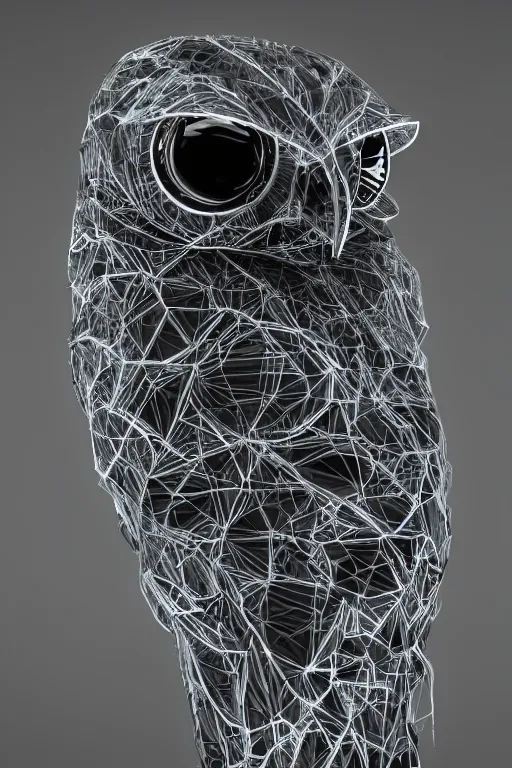 Image similar to cybernetic owl. portrait. complex shape. octane render. 8 k. monochrome. cinematic.