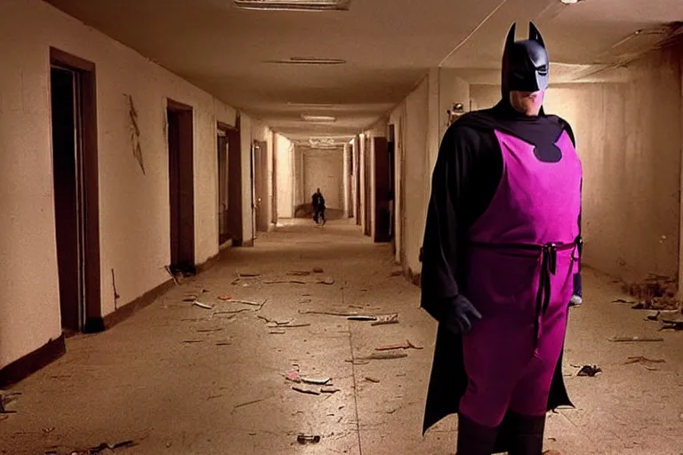 Image similar to michael keaton batman wearing pink apron wielding an axe, chasing through old brown decrepit hallway, creepy smile, atmospheric eerie lighting, dim lighting, bodycam footage, motion blur, photograph