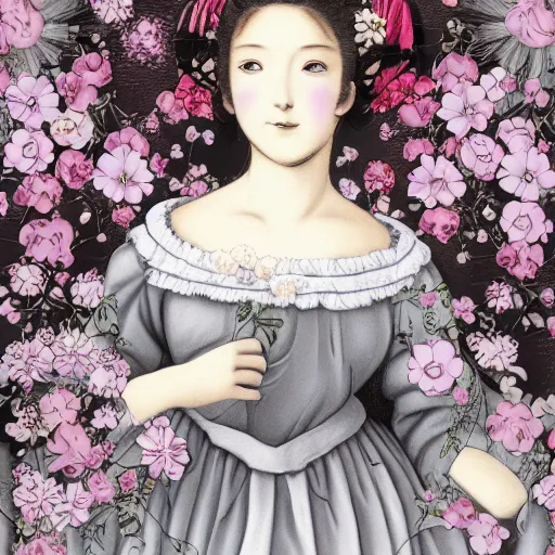 Prompt: renaissance, manga portrait of a young lady pink cheeks wearing renaissance harajuku dress pale grey and white flowers, background chaotic flowers