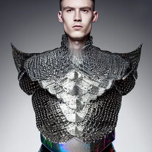 Prompt: a portrait of a beautiful young male wearing an alexander mcqueen armor made of holographic scales , photographed by andrew thomas huang, artistic