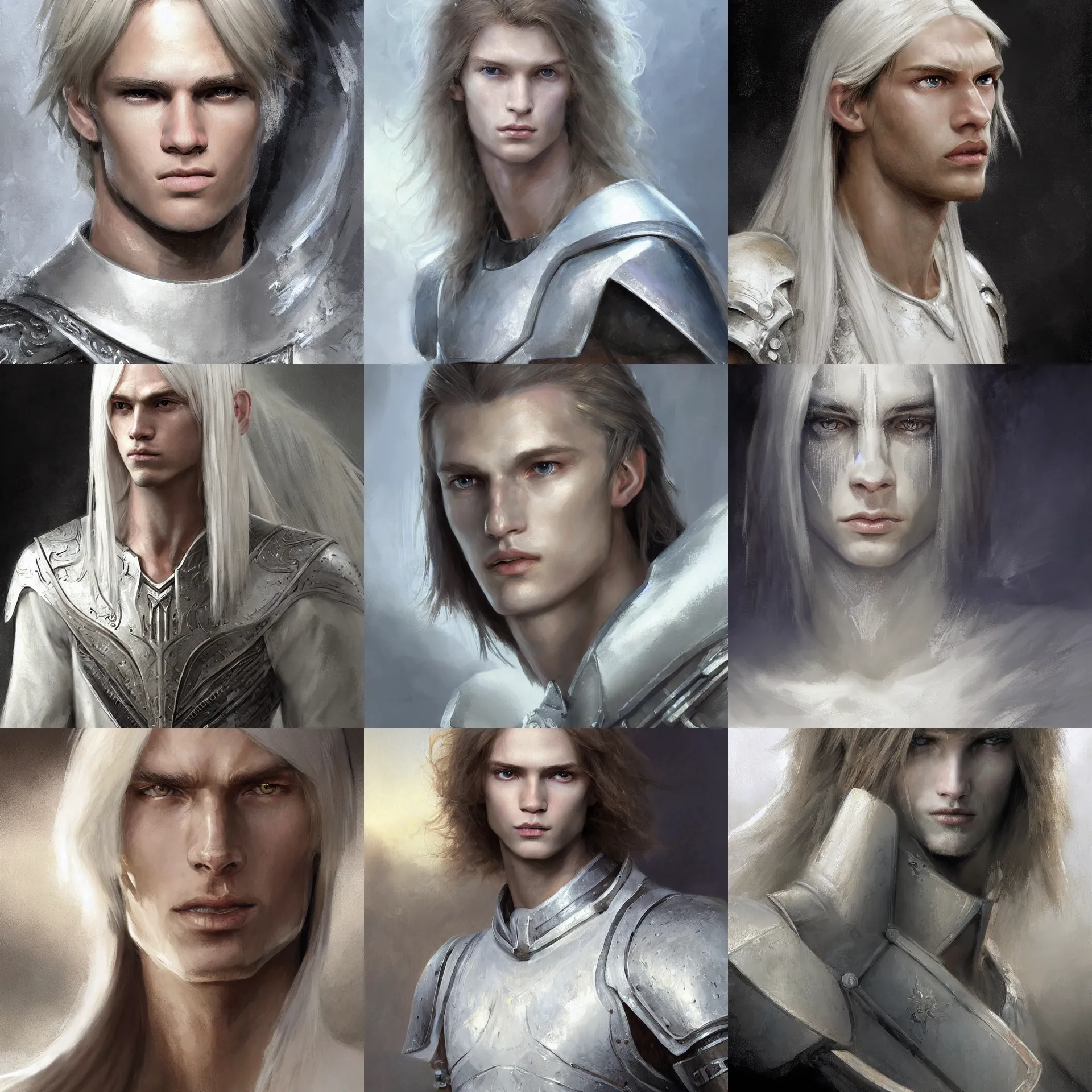 Prompt: digital art painting of young skinny bjorn andresen, feminine beautiful face, white long straight hair, fringe, wearing a white silver armor dnd portrit painted by craig mullins and gaston bussiere and greg rutkowski, symmetrical face, defined facial features, symmetrical facial features, dramatic lighting, close up