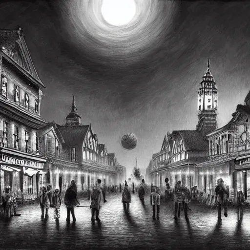 Prompt: ultra realist soft painting of a curiosities fair by night, nightmare horror, omnious sky, symmetry accurate features, very intricate details, black and white, volumetric light clouds