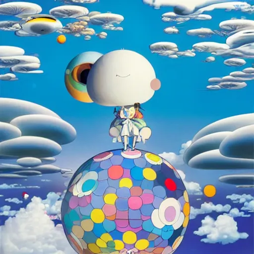 Image similar to a man walking on clouds above kyoto by takashi murakami, beeple and james jean, aya takano color style, 4 k, super detailed