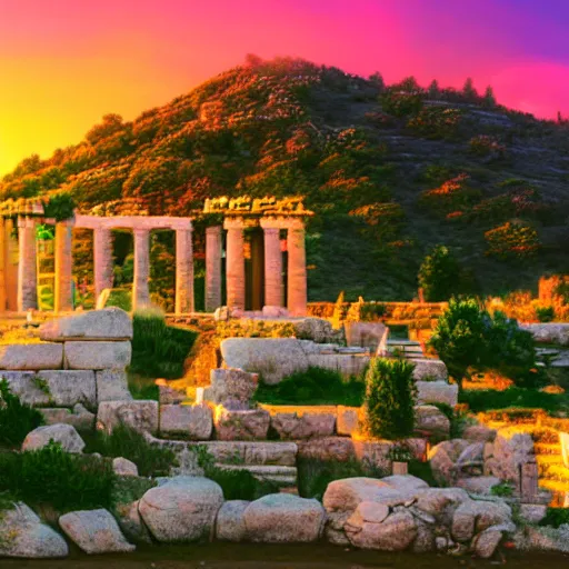 Image similar to professional photo similar to greek temple and hills level of sonic the hedgehog, by discovery magazine, pink sunset, real life, photorealistic, soft focus, long exposure