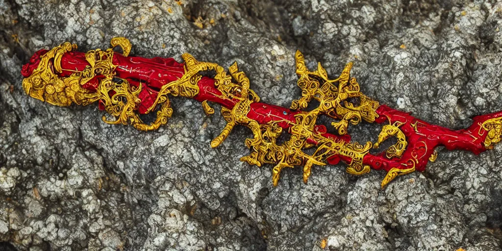 Image similar to cu of a large five armed golden and ruby encrusted ornate starfish shaped weapon, as it flies thru a ancient forest