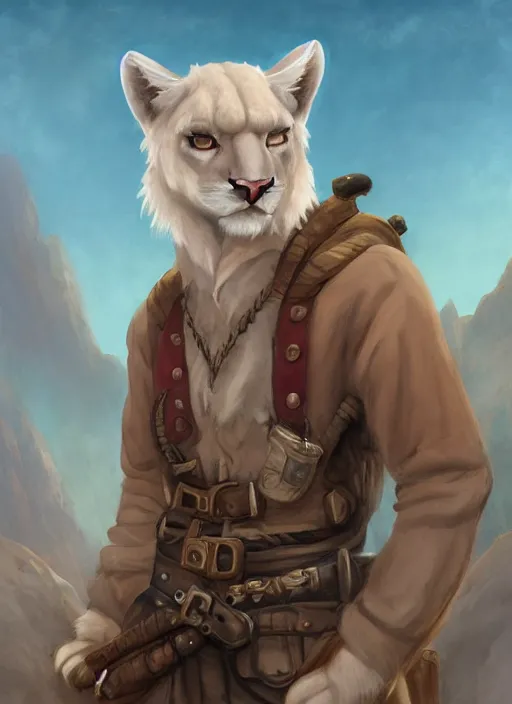 Image similar to fursona commission of a anthro albino mountain lion wearing old-timey miner's clothes. pretty, beautiful, DnD character art portrait, matte fantasy painting. Desert mining town. DeviantArt Artstation, by Jason Felix by Steve Argyle by Tyler Jacobson by Peter Mohrbacher, cinematic lighting