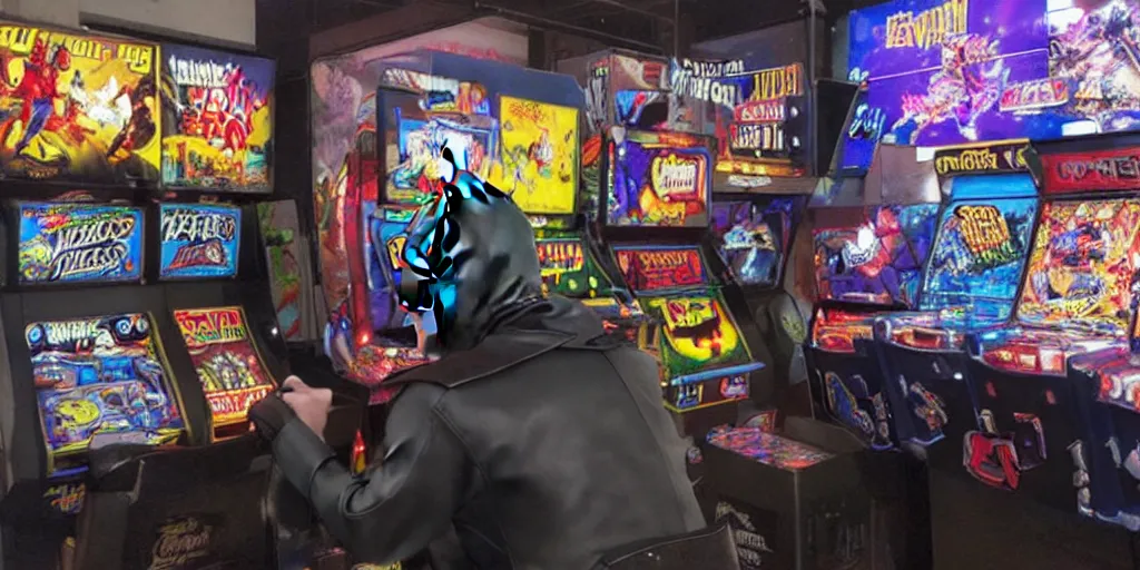 Image similar to batman playing arcade, rage quitting, photo