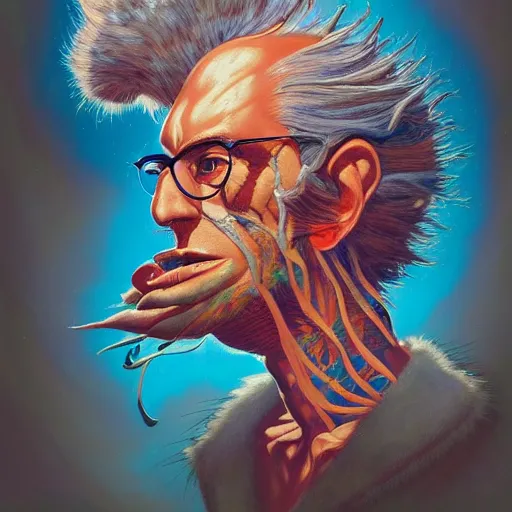 Image similar to human design mohawk projector portrait by gaston bussierre and charles vess and james jean and erik jones and rhads, inspired by rick and morty, epic, funny, huge scale, beautiful fine face features, intricate high details, sharp, ultradetailed