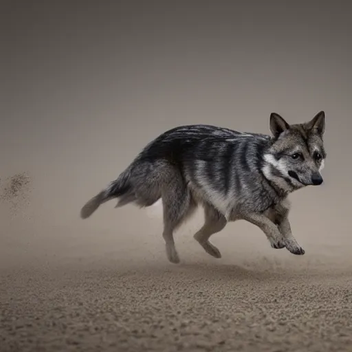 Prompt: award winning wildlife photography, a Swedish vallhund, high midair shot, running towards the camera, straight shot, high shutter speed, dust and sand in the air, wildlife photography by Paul Nicklen, shot by Joel Sartore, Skye Meaker, national geographic, perfect lighting, blurry background, bokeh