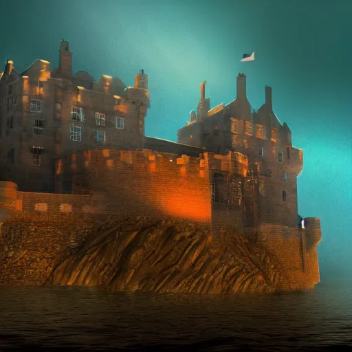 Image similar to underwater Edinburgh Castle, deep underwater, sunset, concept art in style of Greg Rutkowki, dynamic lighting, 4k, very highly detailed