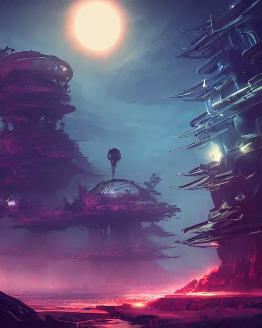 Image similar to alien temple, beautiful landscape, nier automata, protoss!!!!, machine planet, mothership in the sky, pink sun, tropical forest, colorful light, advanced technology, cinematic lighting, highly detailed, masterpiece, art by bastien grivet and darwin cellis and jan urschel