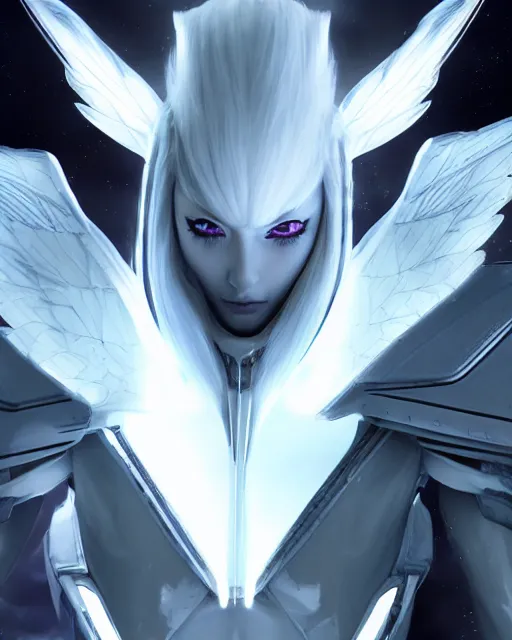 Image similar to perfect white haired alien being with huge white dove wings, warframe armor, beautiful, symmetric, dreamy, half asian, pretty face, blue eyes, detailed, scifi platform, laboratory, experiment, 4 k, ultra realistic, epic lighting, android body, illuminated, cinematic, masterpiece, art by akihito tsukushi, akihiko yoshida, voidstar