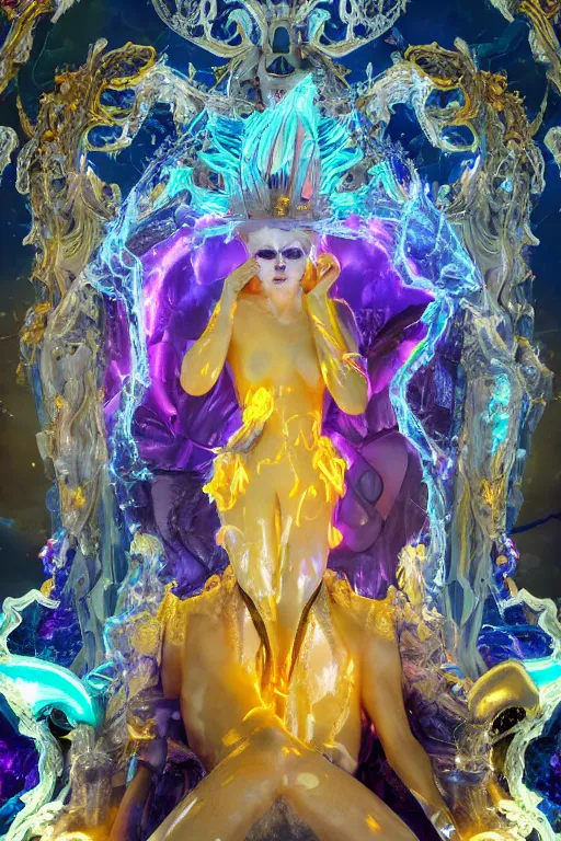 Prompt: photo of fullbody rococo and cyberpunk delicate neon crystalline sculpture of seductive muscular onyx albino marble prince joe jonas teal iridescent humanoid deity wearing yellow plastic hooded cloak holding an onyx skull in a onyx space dungeon, reclining, glowing yellow face, crown of white diamonds, cinematic lighting, photorealistic, octane render 8 k depth of field 3 d