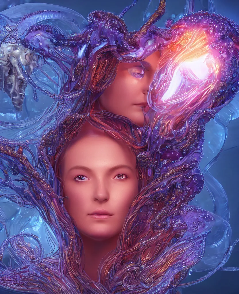 Image similar to close-up macro portrait of the face of a beautiful princess, epic angle and pose, symmetrical artwork, 3d with depth of field, blurred background, cybernetic jellyfish female face skull phoenix bird, translucent, nautilus, energy flows of water and fire. a highly detailed epic cinematic concept art CG render. made in Maya, Blender and Photoshop, octane render, excellent composition, cinematic dystopian brutalist atmosphere, dynamic dramatic cinematic lighting, aesthetic, very inspirational, arthouse. y Greg Rutkowski, Ilya Kuvshinov, WLOP, Stanley Artgerm Lau, Ruan Jia and Fenghua Zhong