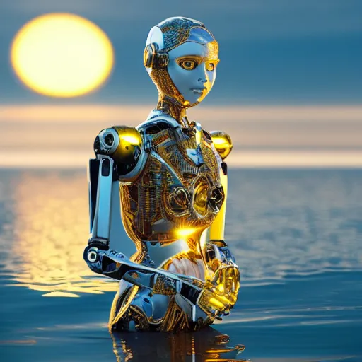 Prompt: beautiful centered Fine art photo of young female humanoid robot coming out of water, solarpunk mechanical parts with led lights, photorealistic, white background, highly detailed and intricate, sunset lighting, HDR 8k