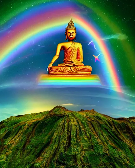 Image similar to the most beautiful star system, sky full of brightly coloured starts, inside of an expansive cave, green tara buddha with a crown of rainbow clouds, coherent design, symmetrical, vivid color, complementary color, golden ratio, detailed, sharp lines, intricate, rainbowshift, by in unreal engine, nvidia, octane render