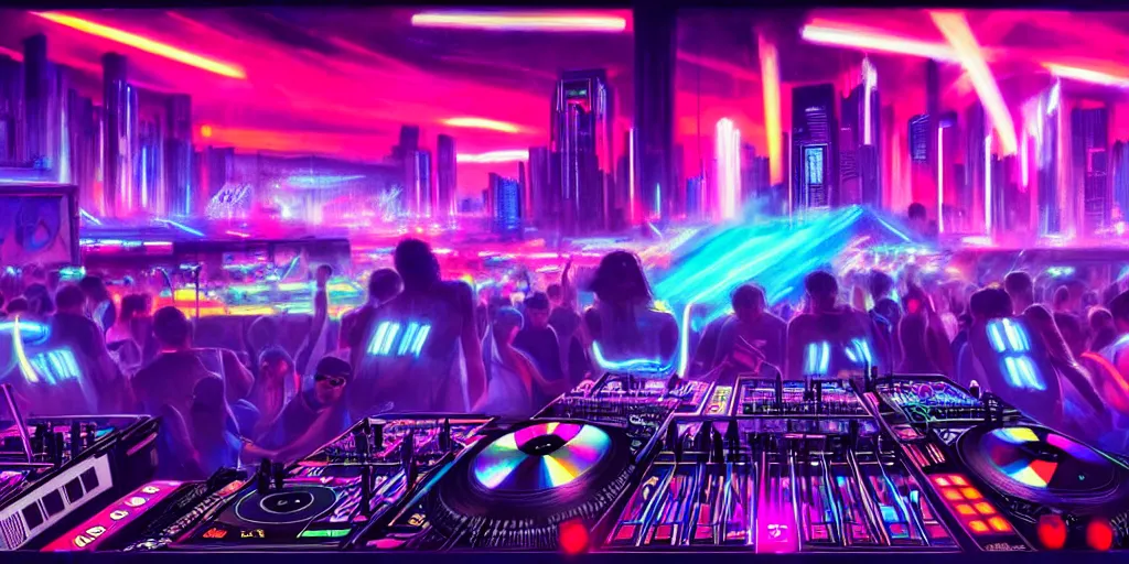 Prompt: dj plays big music at the biggest festivals in the world to a huge crowd, with lots of blaring neon lights in the spirit of synthwave, highly detailed, digital painting, artstation, concept art, matte, sharp focus, illustration, art by artgerm and greg rutkowski and mike mignogna