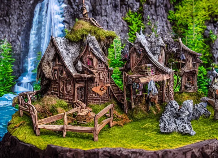 Image similar to high - res gopro photograph of a eood sculpture diorama with fantasy castles, highly detailed sculpey diorama, forest setting in iceland, waterfall backdrop, realistic materials, wood, felt, cloth, burlap, copper wire, hot glue, smooth, sharp foccus, commercial product photography,