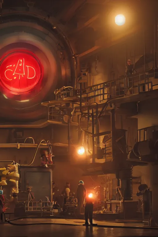 Prompt: workers / mechanic working on mickey mouse giant head, big red glowing netflix logo in behind wall, low cinematic lighting, front lit, beeple, cgsociety, unreal engine, octane render, trending on art station, highly detailed 4 k art, intricate, hyperr realistic