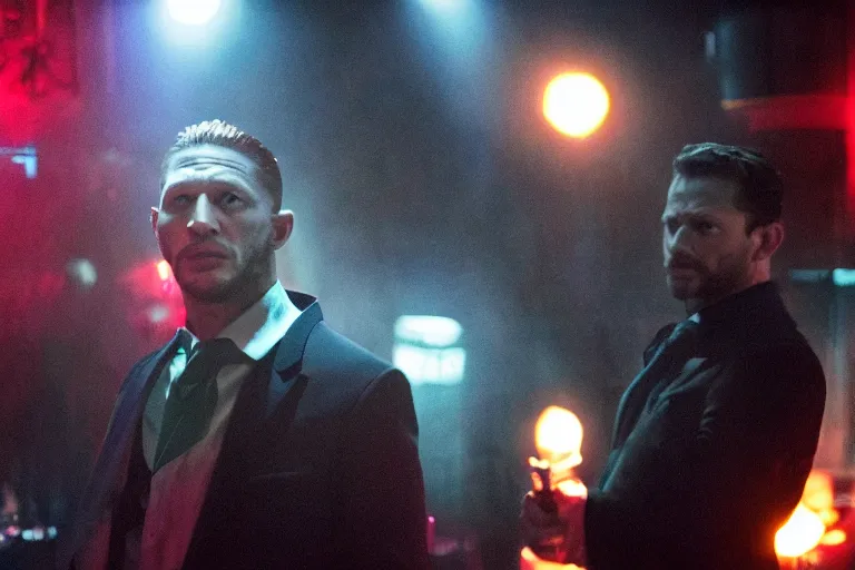 Image similar to film still of Tom Hardy as Max Payne in a nightclub with bright contrasting strobe lights in the Max Payne movie, 4k