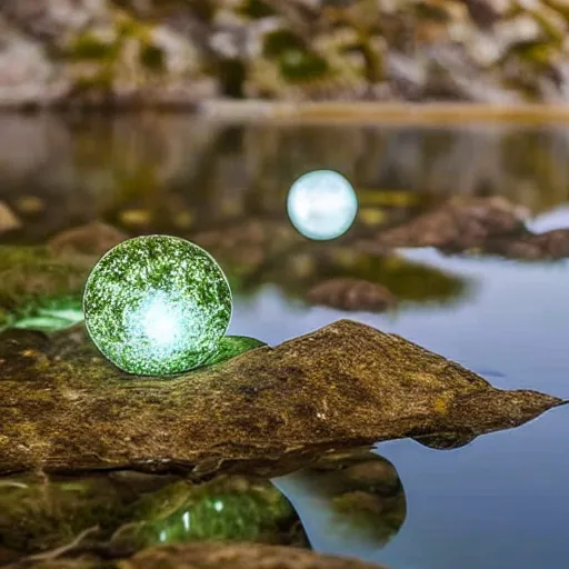 Image similar to glowing orbs over a lake in the night, wet rocks