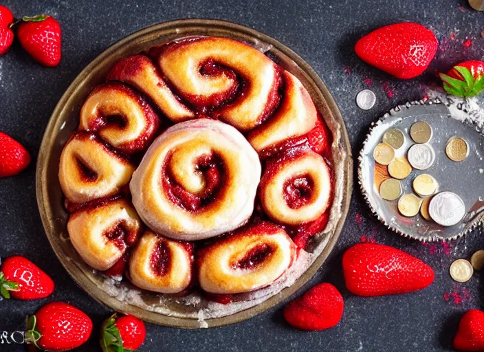 Image similar to sugary hot cinnamon rolls with extra glaze, strawberries, sprinkles, and coins, professional food photography, studio lighting, plating