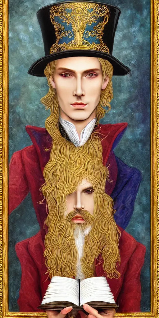 Image similar to beautiful detailed acrylic painting mystical mentalist man, has blond hair and a top hat. Wearing embroidered noble clothes. Heterochroma eyes. A small book with gold filigree in hand. Renaissance. Fantasy.