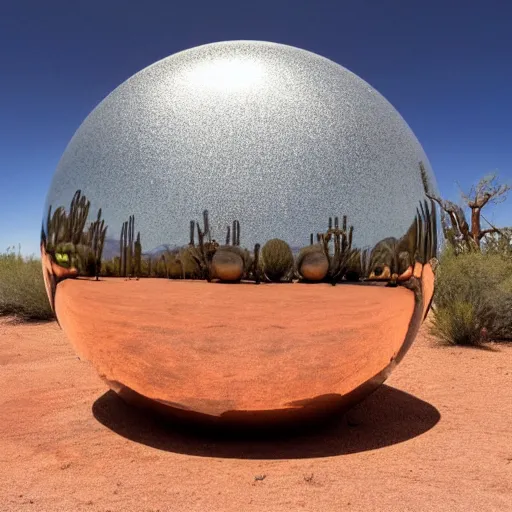 Image similar to a large copper ball with a mirror finish site in the arizona desert, photorealistic