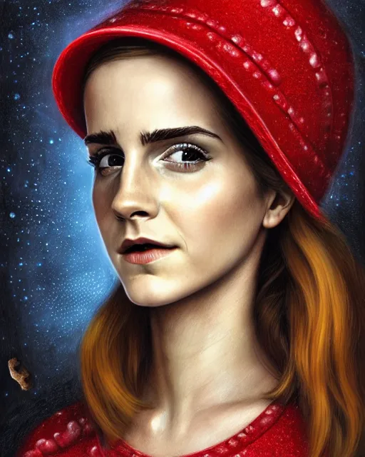 Image similar to highly detailed closeup, of emma watson, dressed in a red mushroom hat and clothes, full face view, on a battlefield, hyper realistic, psychedelic, illustration, nicoletta ceccoli, mark ryden, lostfish, dan decarlo, bob clampett, max fleischer, digital paint, matte paint, vivid colors, detailed and intricate environment