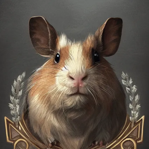 Prompt: A heraldic Prince Guinea Pig with big cute eyes portrait, D&D, fantasy, intricate, cinematic lighting, highly detailed, digital painting, artstation, concept art, smooth, sharp focus, illustration, art by Akihiko Yoshida, Greg Rutkowski and Alphonse Mucha