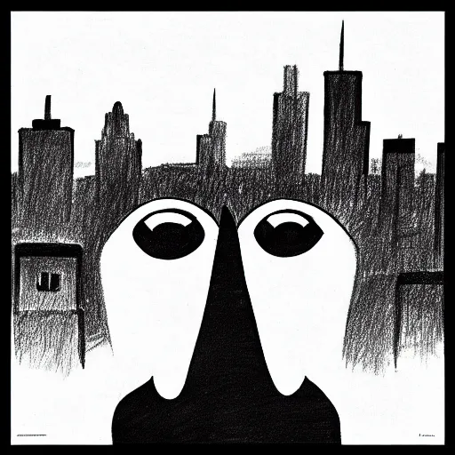 Image similar to a drawing of three realistic eyes floating over a city, black and white, vintage poster, film grain