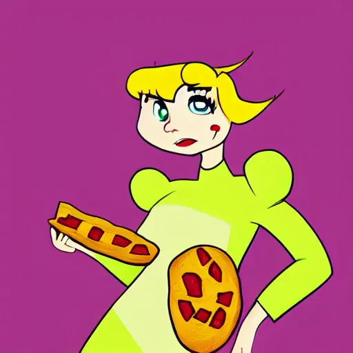 Prompt: buttercup from powerpuff girls eating pizza, art by craig mccracken, digital painting, artstation
