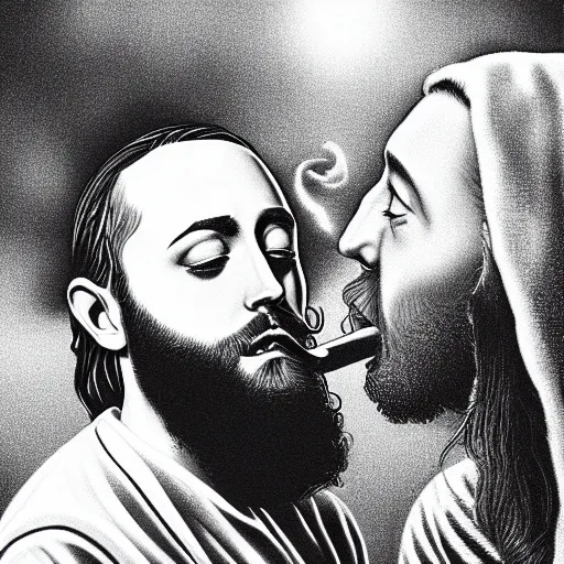 Image similar to an ultra detailed picture portrait of Mac Miller and Jesus smoking a joint in heaven, 8k, photorealistic,