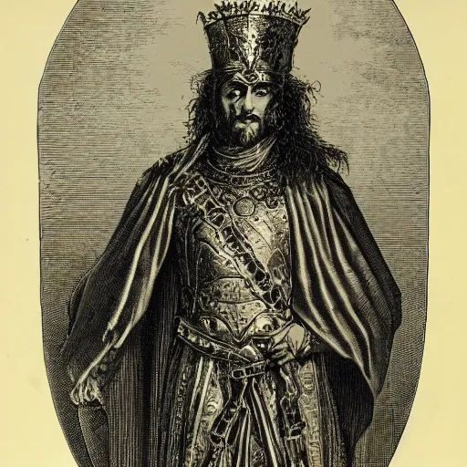 Image similar to closeup portrait of lord macbeth, the thane of glamis, high detail, illustration by gustave dore