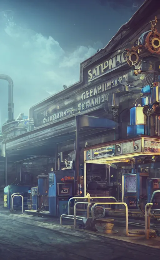 Image similar to steampunk gas station in space, 4 k, polished, photorealistic, hard edges, zoomed in, very coherent, sharp focus, rim light, exquisite lighting, blue gradient, hard edges, sci - fi, cinematic, octane render