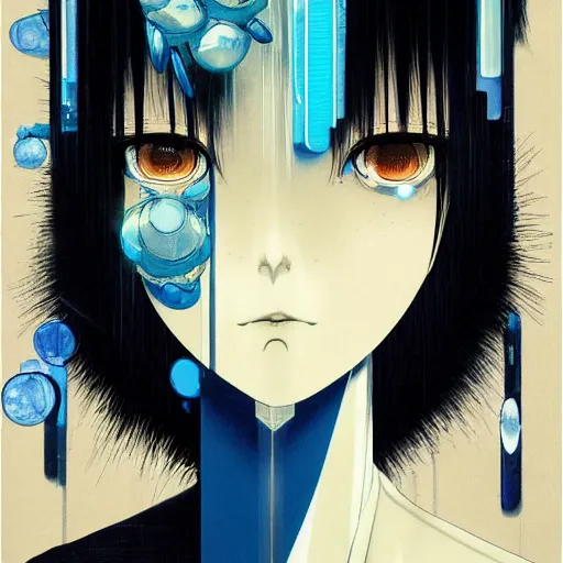 Image similar to prompt : ivory and blue and black portrait soft light painted by james jean and katsuhiro otomo and erik jones, inspired by evangeleon anime, smooth face feature, intricate oil painting, high detail illustration, sharp high detail, manga and anime 1 9 9 9