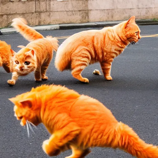 Image similar to a giant fat orange cat chasing and scaring a group of small dogs