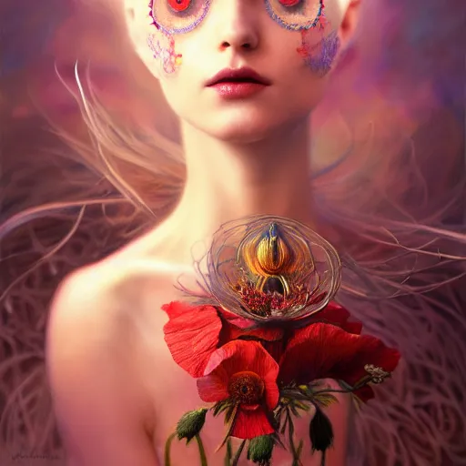 Image similar to unique non-conventional beautiful goddess of poppy, surreal, fantasy, intricate, elegant, dramatic lighting, emotionally evoking symbolic metaphor, highly detailed, lifelike, photorealistic, digital painting, painterly, artstation, concept art, smooth, sharp focus, illustration, art by John Collier and Krenz Cushart and Artem Demura and Alphonse Mucha and Albert Aublet