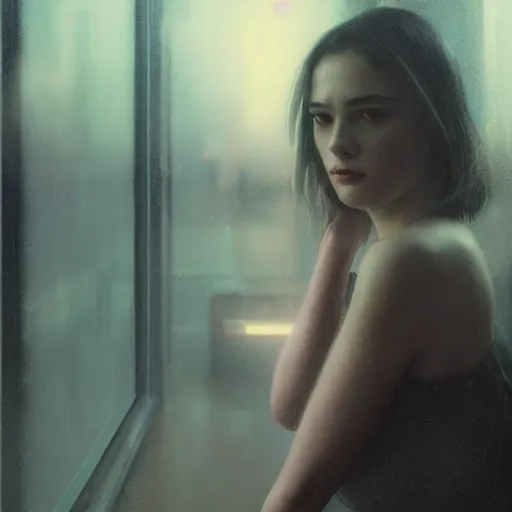 Image similar to detailed portrait of a woman, moment, cyberpunk cloisters, electronic billboards, tech noir, wet reflections, atmospheric, ambient, livia prima, greg rutkowski, edward hopper