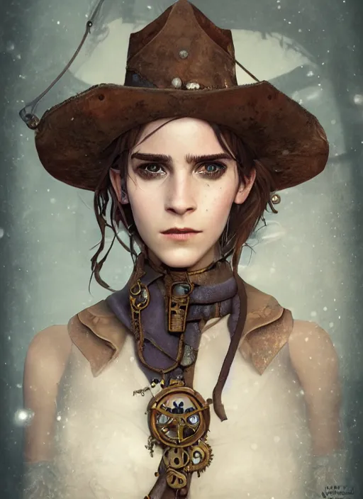 Image similar to underwater steampunk pirate cowboy portrait of emma watson, hyper detailed, digital art, cinematic lighting, studio quality, smooth render, unreal engine 5, octane rendered, art style by klimt and nixeu and ian sprigger and wlop and krenz cushart.