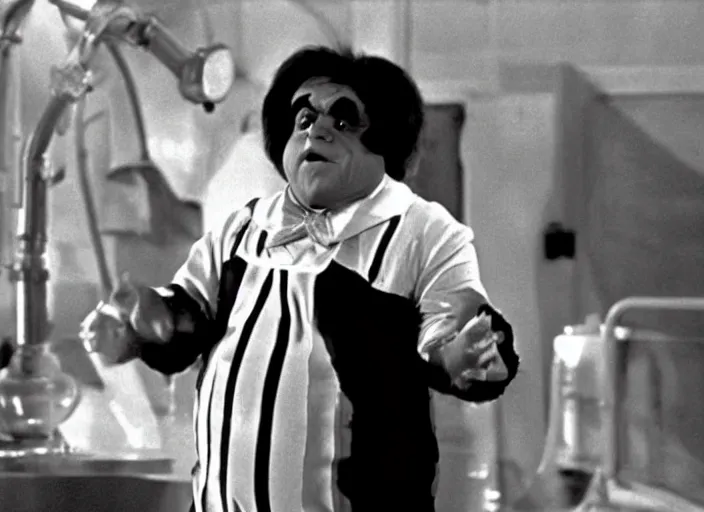 Image similar to film still of Danny Devito as an Oompa Loompa in Willy Wonka and the Chocolate Factory 1971