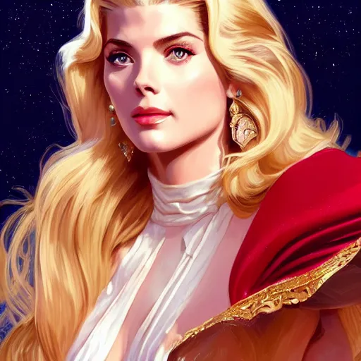 Prompt: A combination of Grace Kelly's and Katheryn Winnick's and Ashley Greene's faces as She-Ra, western, D&D, fantasy, intricate, elegant, highly detailed, digital painting, artstation, concept art, matte, sharp focus, illustration, art by Artgerm and Greg Rutkowski and Alphonse Mucha