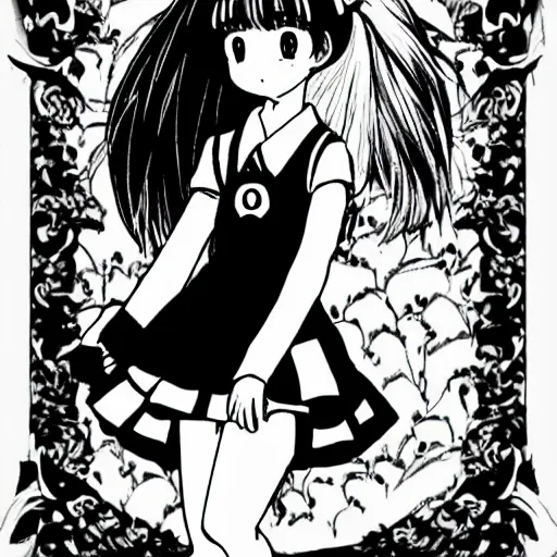 Image similar to a beautiful school girl, Hayao Miyazaki manga style, black and white manga comic, Naoko Takeuchi manga style, shoujo manga