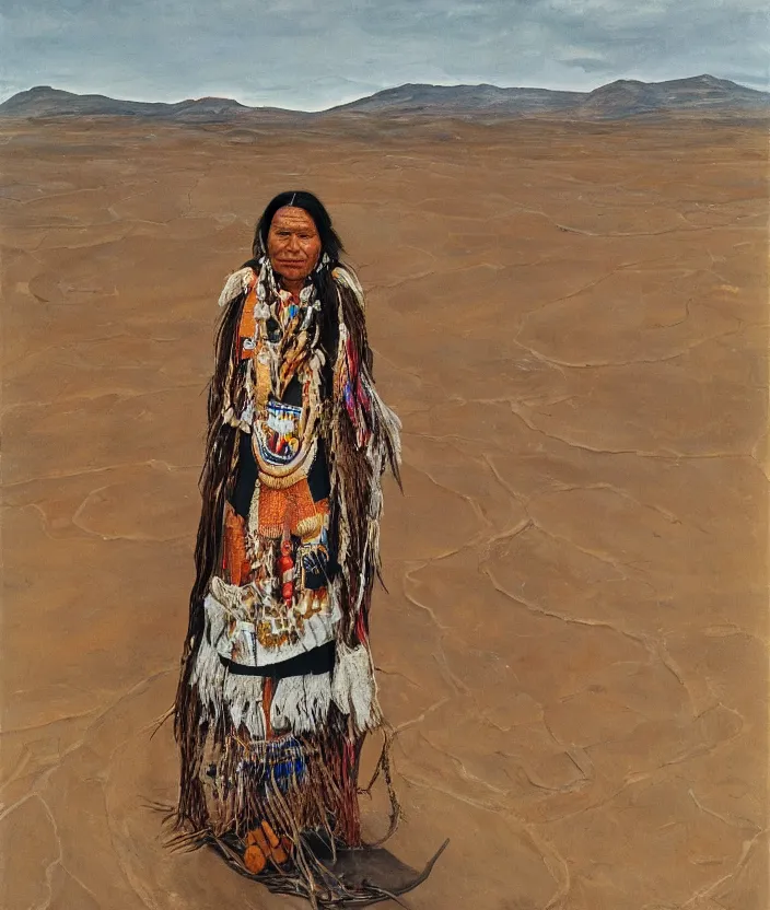 Image similar to full body shot picture of indigenous people woman leader in desert, painted by lucian freud, hd, super detailed, realistic, muted colors