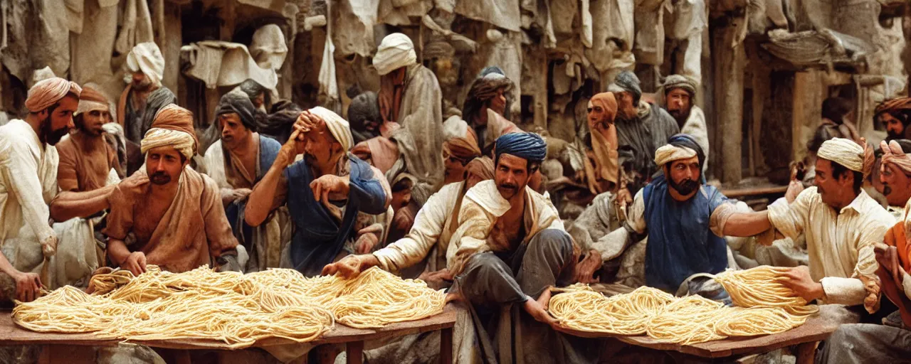 Prompt: ancient babylonians trading spaghetti with merchants, canon 5 0 mm, wes anderson film, kodachrome