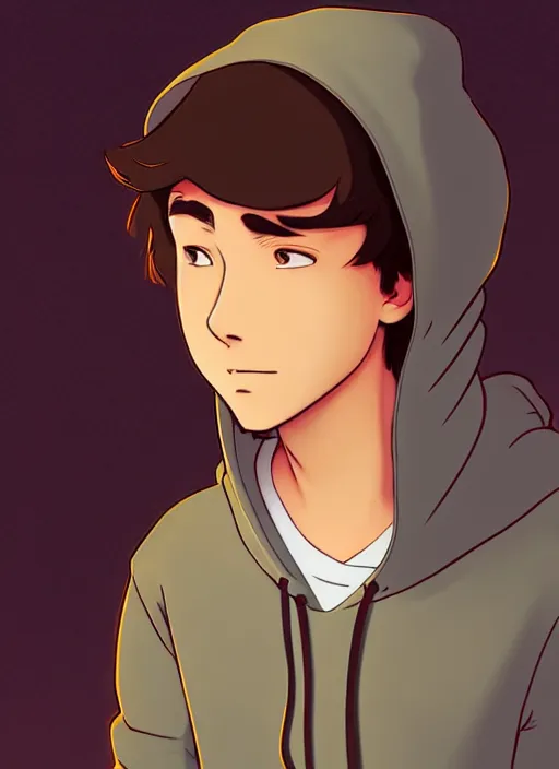 Image similar to teen boy with short brown hair, wearing a hoodie, hood up, natural lighting, path traced, highly detailed, high quality, cartoon, digital painting, by don bluth and ross tran and studio ghibli and alphonse mucha